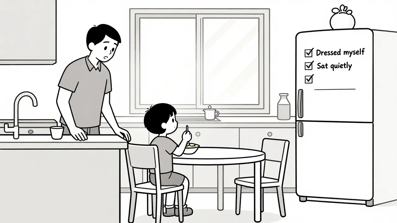 Otec klidně reaguje na dítě v kuchyni, na ledničce je graf pozitivního chování.