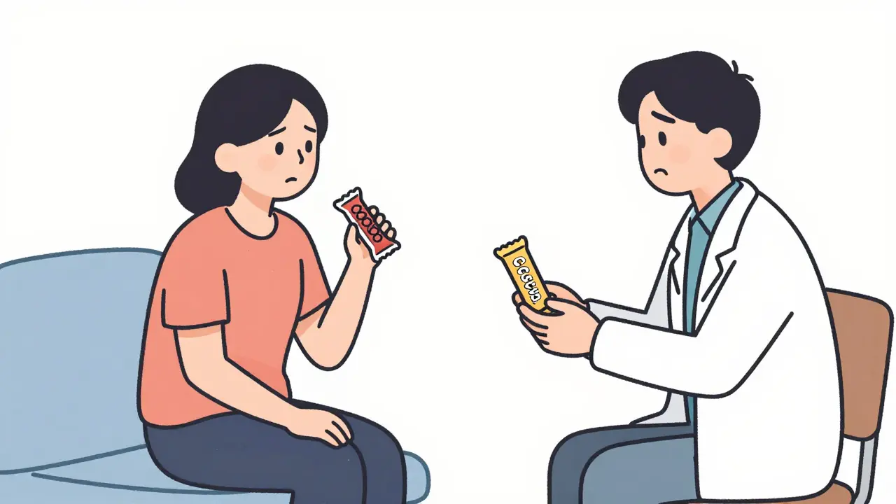 Pacient odmítá změnu, drží bonbón během terapie.