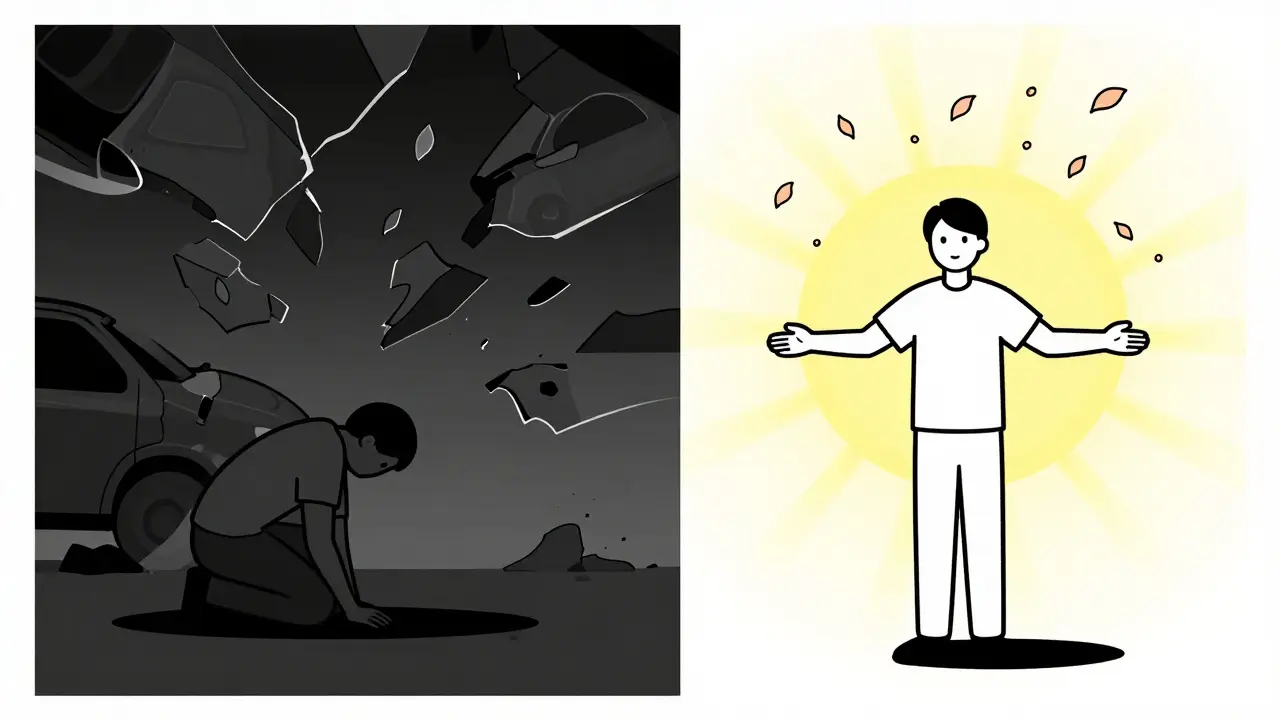 Před a po: člověk překonávající traumatu, když vzpomínky převráceny do jemných květin.