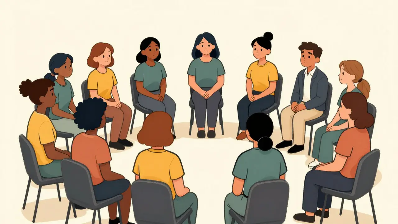 Skupinová terapie s účastníky a terapeutem v kruhu.