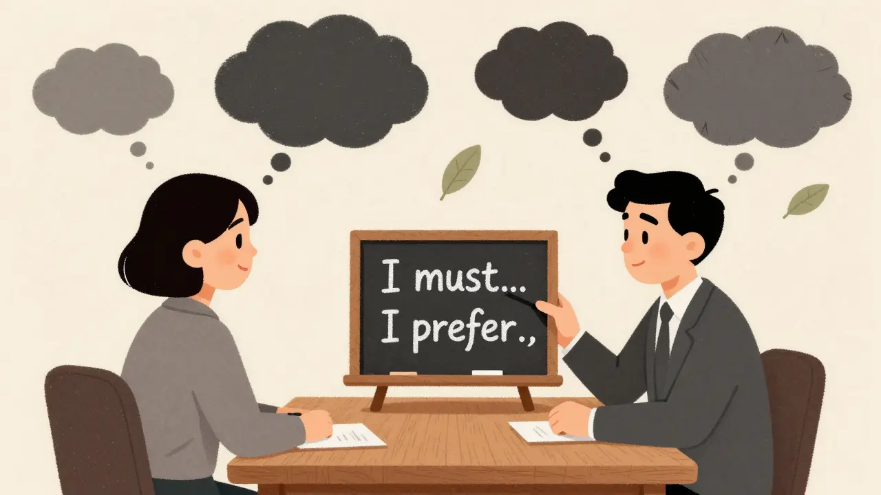 Terapeut a klient při rozhovoru, kde myšlenky přecházejí z negativních tvarů do klidných listů.