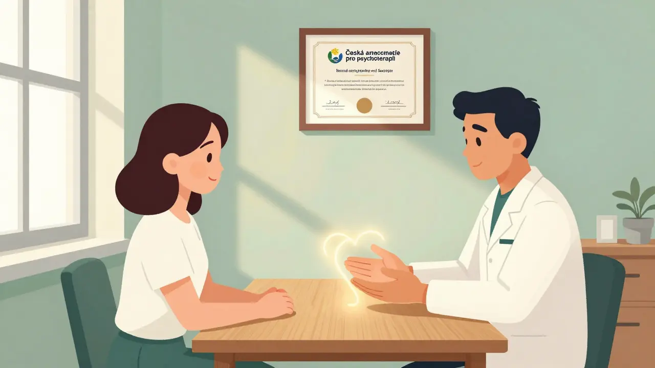 Terapeut a klient sedí v klidné ordinaci s certifikací ČAP na zdi, světlo osvětluje cestu k důvěře.