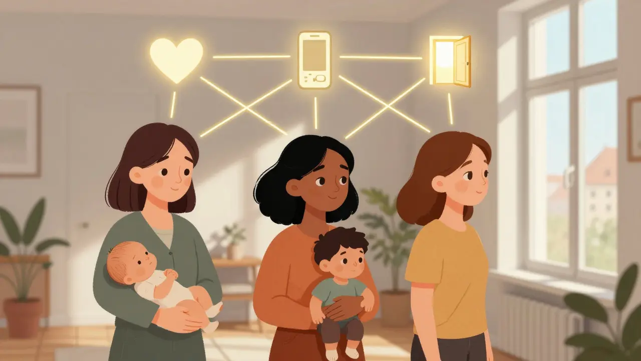 Tři matky jsou propojeny zlatými vlákny, která vedou k symbolům podpory — srdce, telefon a otevřená dveře světla.