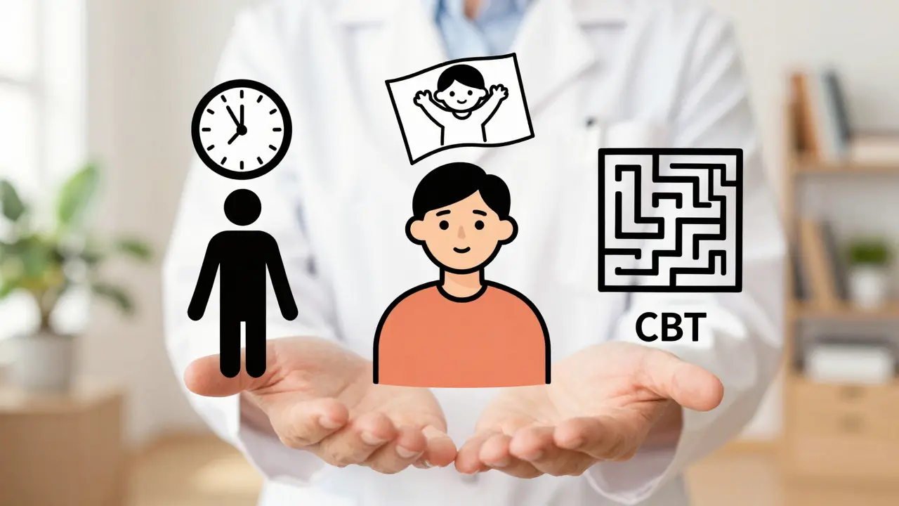 Tři stylu psychoterapie jsou znázorněny jako jemné ikony v rukou terapeuta.