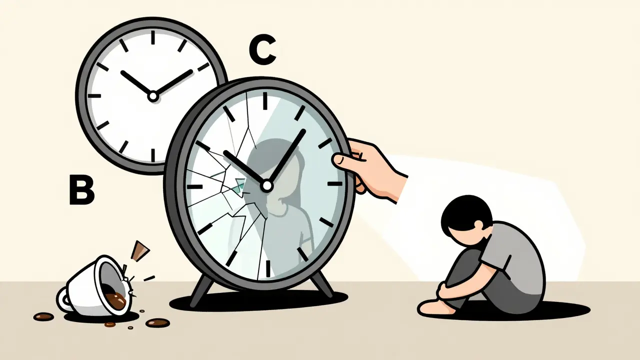 Tříčástní mechanický model ABC: aktivující událost, přesvědčení a důsledek, s přechodem od tmy k světlu.