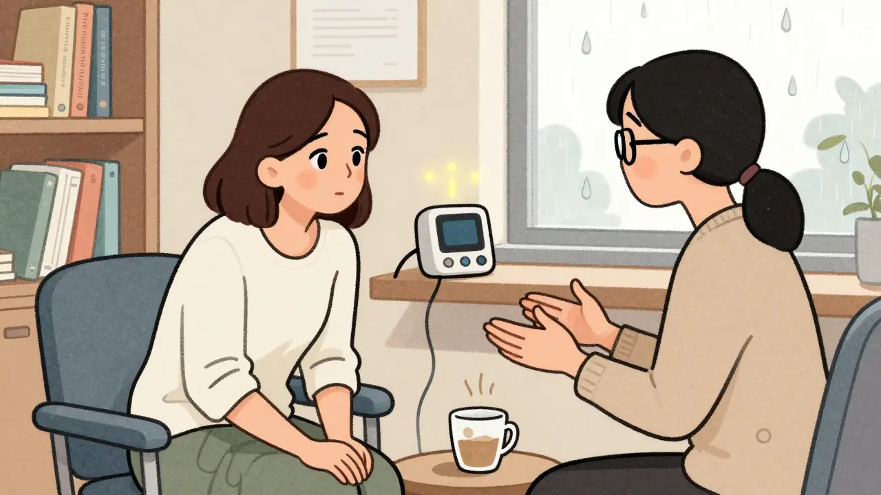 Žena hovoří s terapeutkou v kanceláři, za nimi je baby monitor a káva, teplé osvětlení a klidná atmosféra.