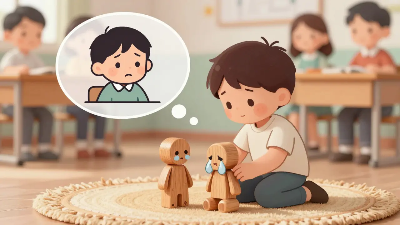 Dítě hraje s panáky, myšlenky ukazují izolaci ve škole.