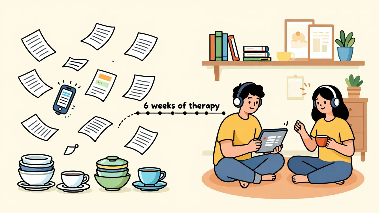 Dvě scény domácnosti: levá chaotická, pravá uspořádaná, spojené mostem s nápisem '6 týdnů terapie'.