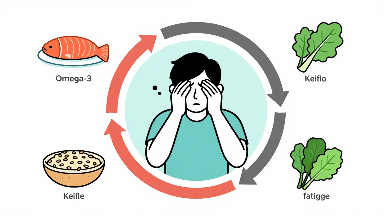 Kruhový diagram stresu a emočního jídla přerušený zdravými potravinami.