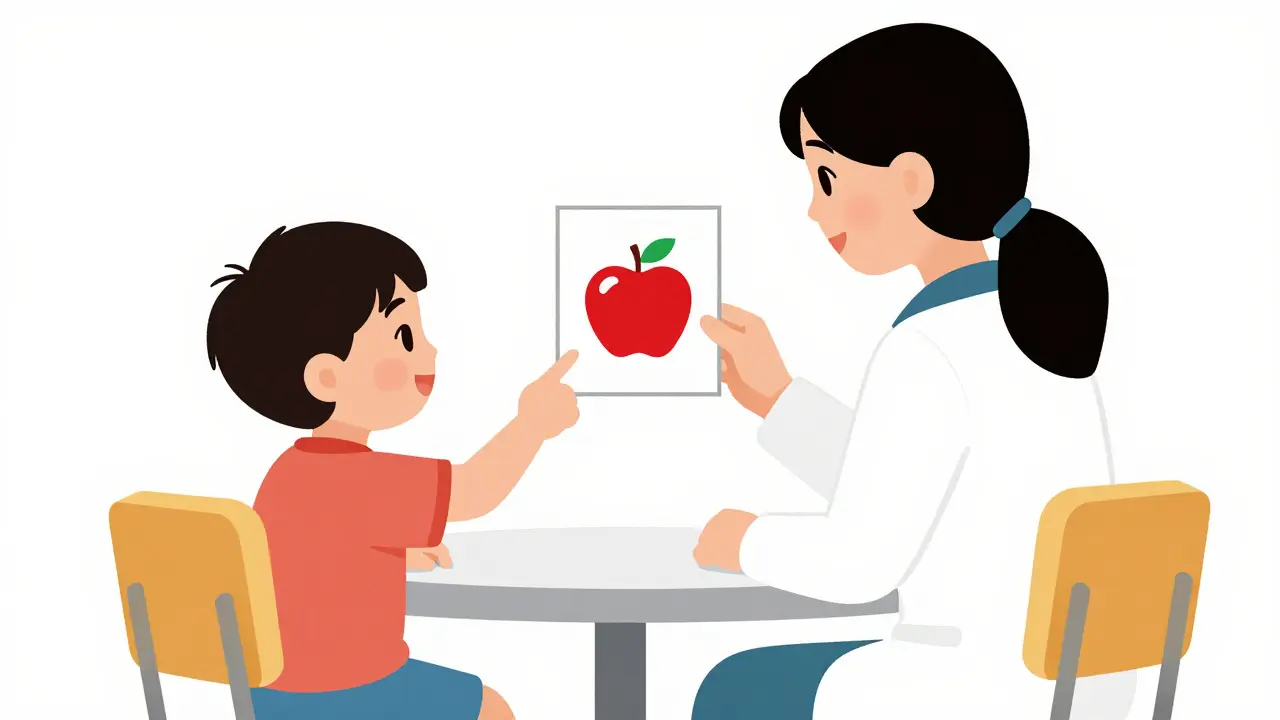 Logopedka ukazuje dítěti vizuální kartu s ovocem.