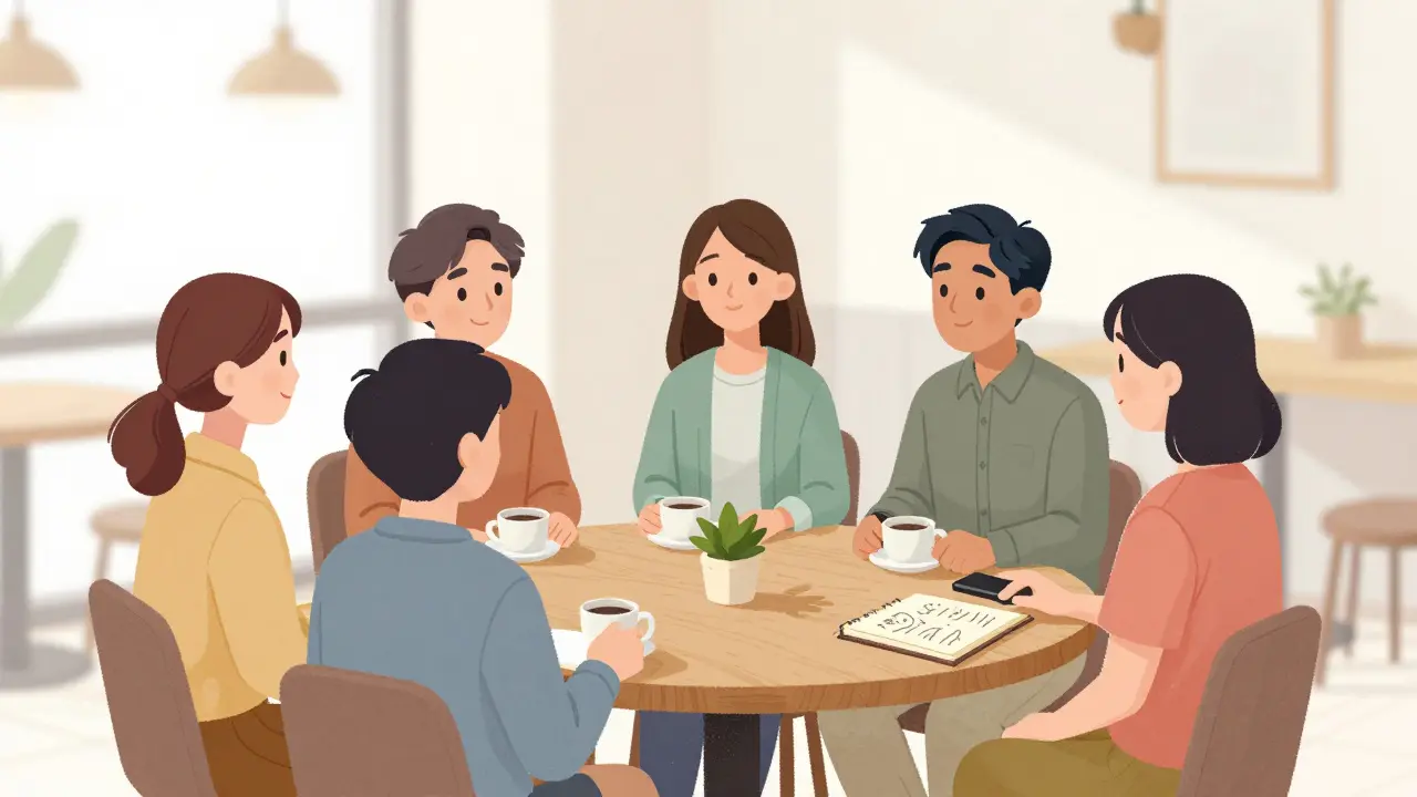 Malá skupina lidí sedí kolem kávového stolu v kavárně, tiše spolu, bez řešení problémů, jen přítomná.