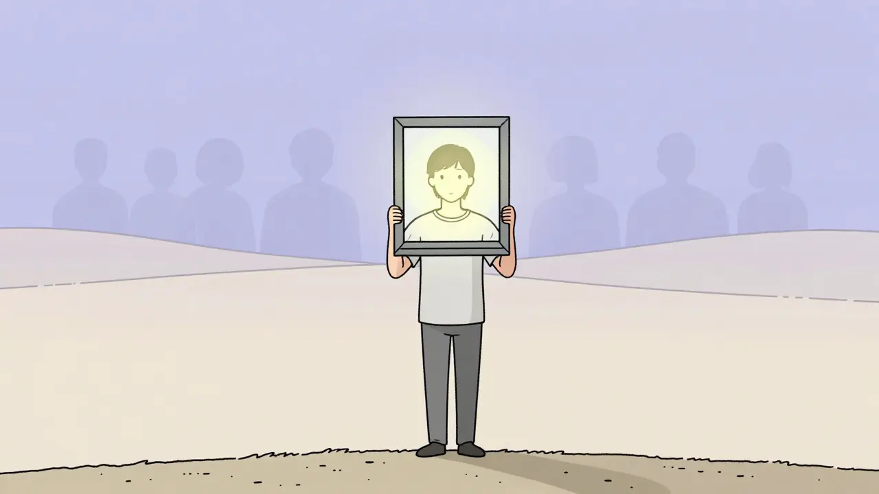 Osoba drží rám, skrze který vidí své vlastní, klidné já, zatímco minulé pokusy o zaplnění prázdnoty zmizí v horizontu.