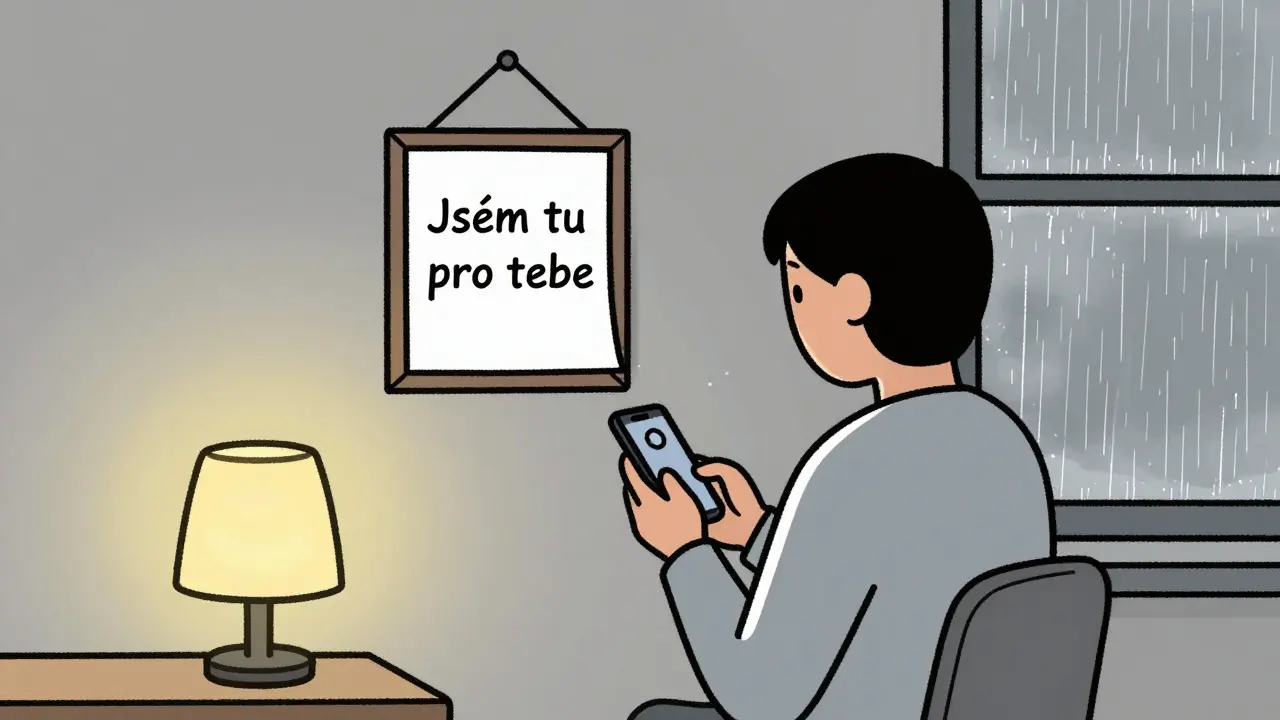 Osoba drží telefon s neodevřenou zprávou, na zdi visí pozvánka: 'Jsem tu pro tebe' — klidná, deprese symbolizovaná deštěm za oknem.