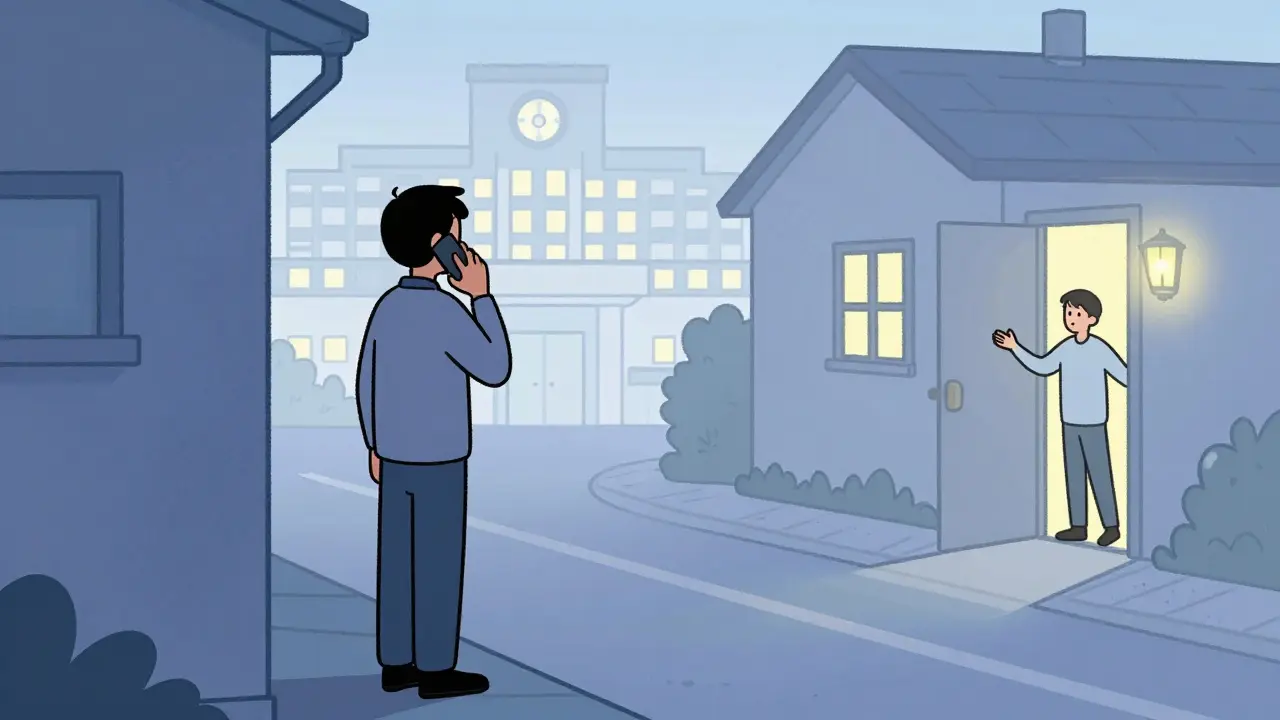 Osoba na ulici v ranním světle, drží telefon, za ní průhledný obrys nemocnice, vpředu přítel čeká u dveří domu.