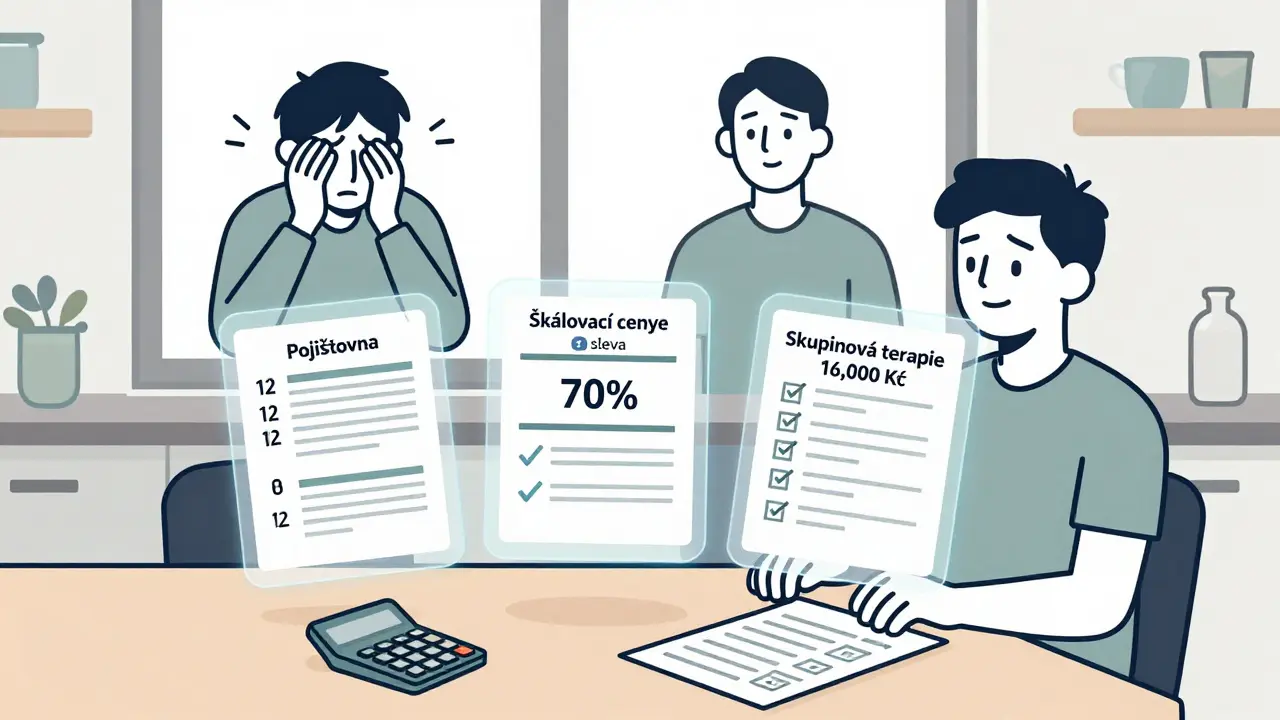 Osoba plánuje terapii s třemi finančními možnostmi a představou klidného života.