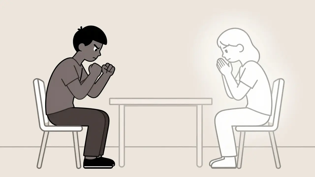 Osoba sedí na dvou židlích, vyjádřující skrytý hněv a neřečenou omluvu bez slov.