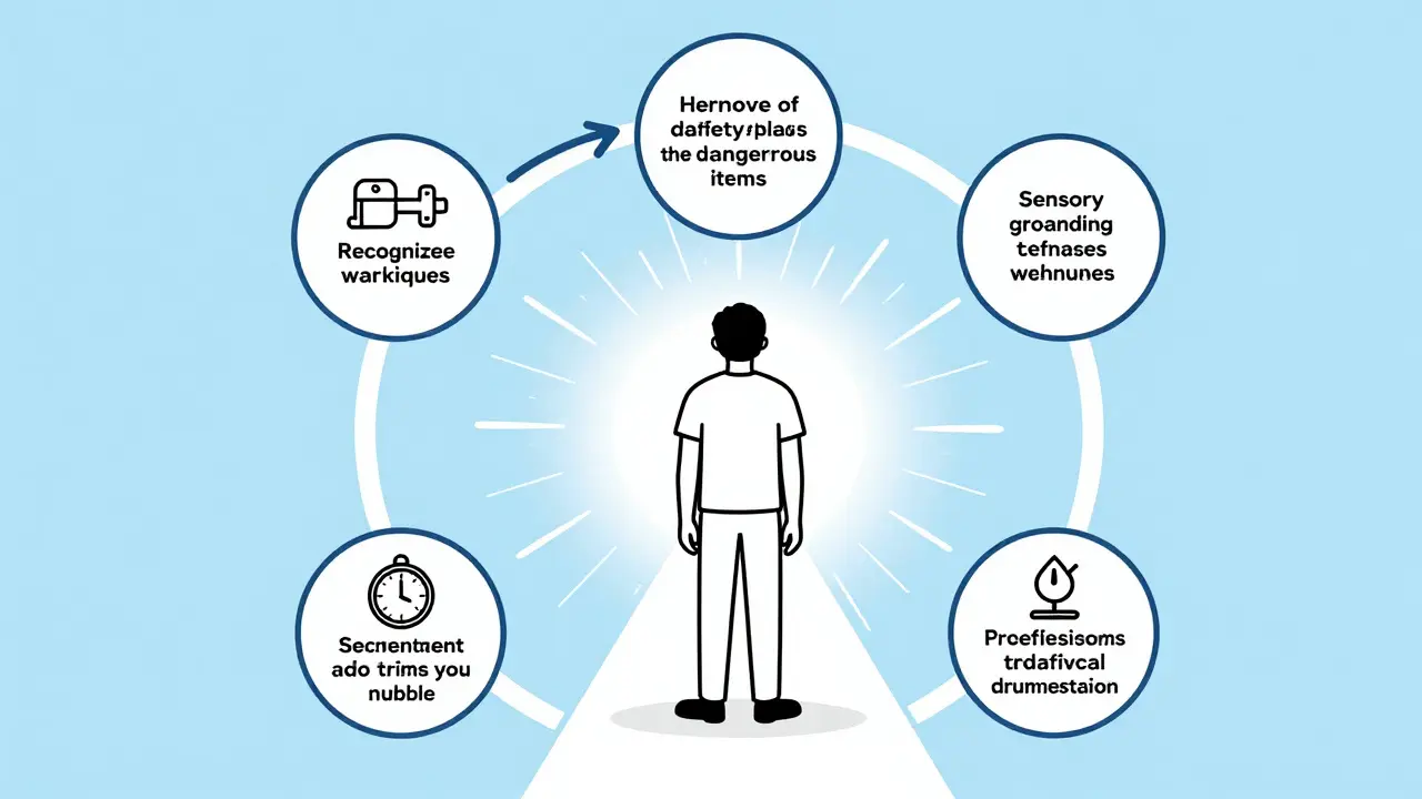 Osoba stojí ve středu kruhového plánu s šesti kroky, které ji obklopují jako záchranné kruhy.