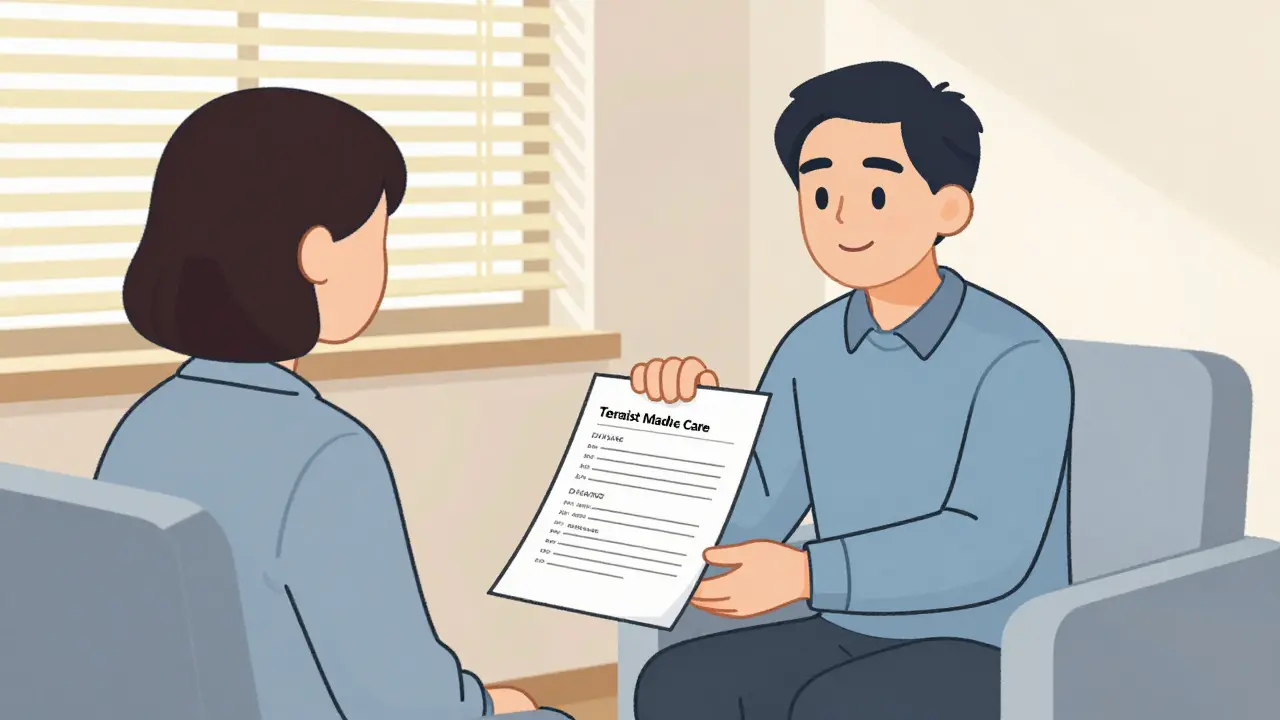 Osoba v kanceláři terapeuta dostává od blízkého list s jménem terapeuty — přátelský gesto bez tlaku, jen podpora.