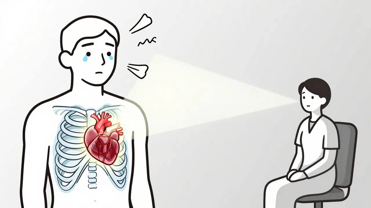 Průhledný lidský tělo s rozptýleným napětím a svítícím srdcem, terapeut klidně přítomen.