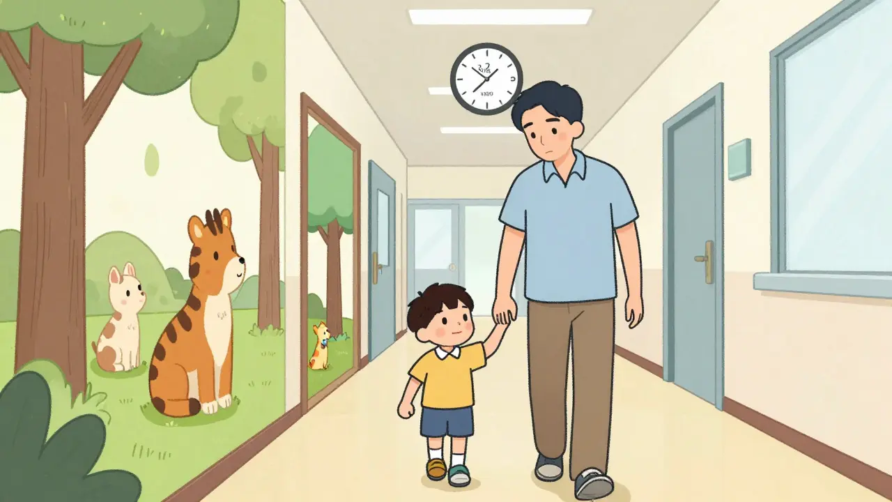 Rodič a dítě vstupují do kliniky, pozadí ukazuje dlouhou čekací dobu.