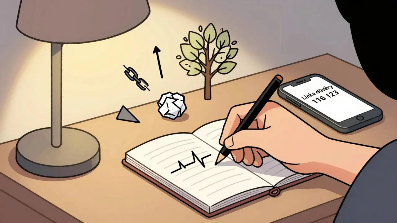 Ruka píše do sešitu na nočním stolku, vedle něj je telefon s číslem Linky důvěry a symboly klidu.