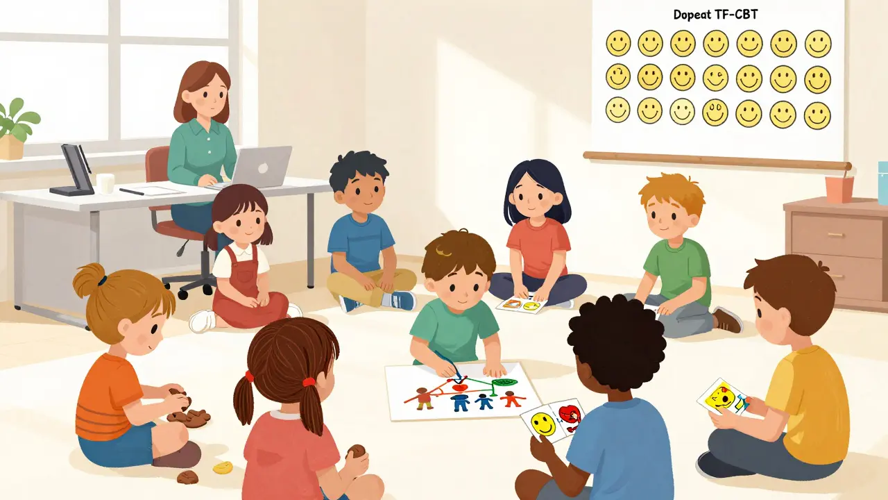 Různá děti v Česku v různých věkových skupinách využívají adaptované TF-CBT metody: hra, kreslení a vizuální pomůcky.