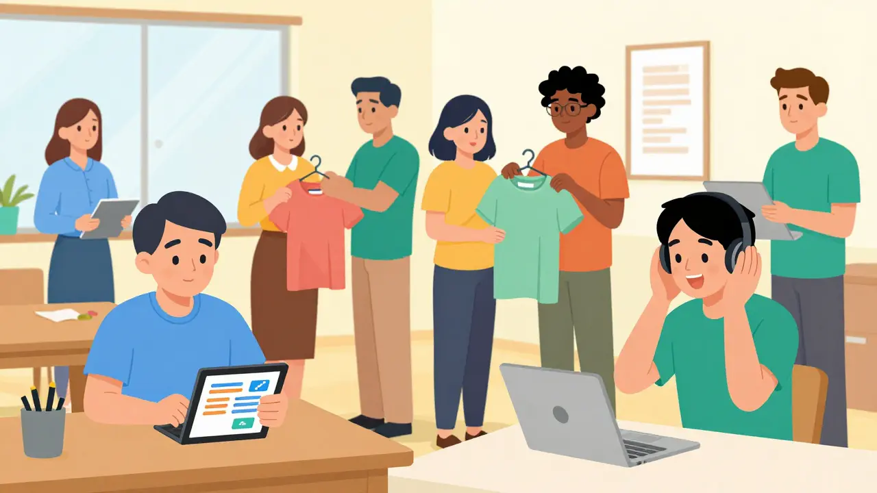 Různí dospělí s autismem provádějí každodenní úkoly nezávisle v komunitním centru.