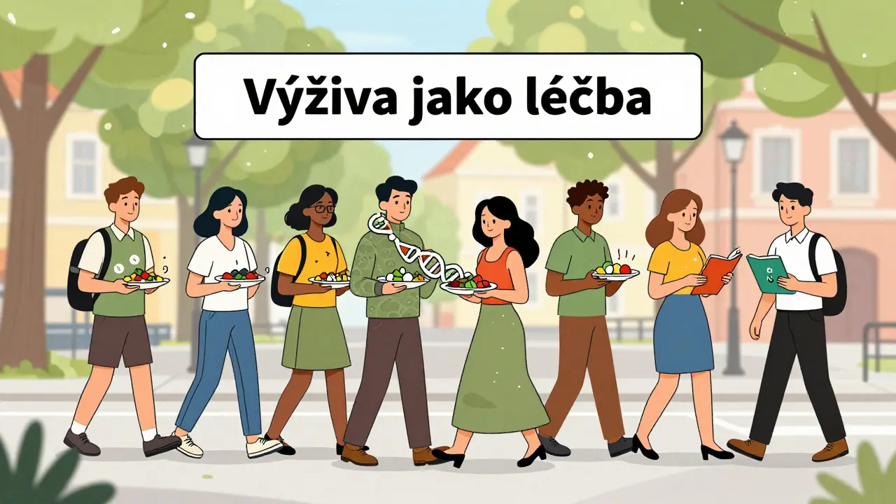 Různí lidé s přizpůsobenými potravinovými talíři a genetickým kódem jako součástí léčby.