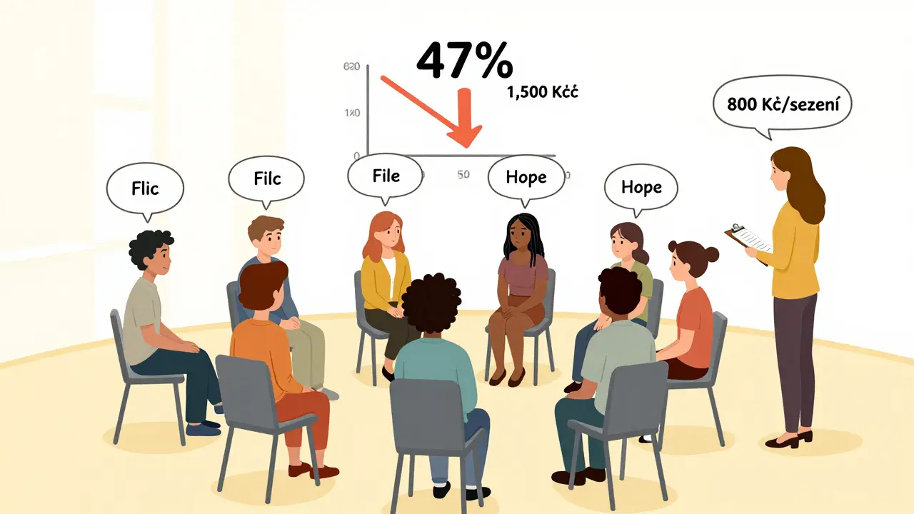 Skupinová terapie s šesti lidmi v kruhu, terapeut venku a ukázkou úspory 47 %.