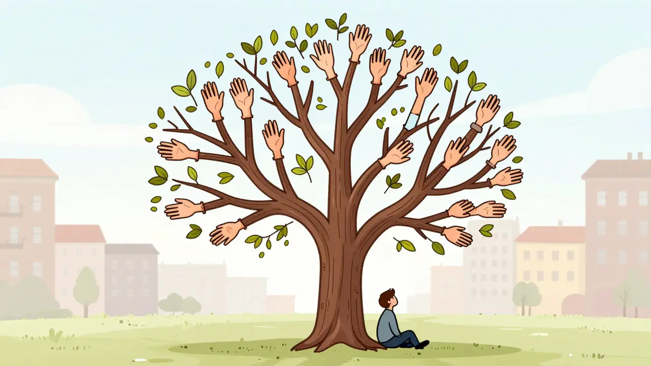 Strom s větvemi tvořenými rukama roste v parku, pod ním sedí člověk, který se dívá nahoru, symbolizující podporu a růst.