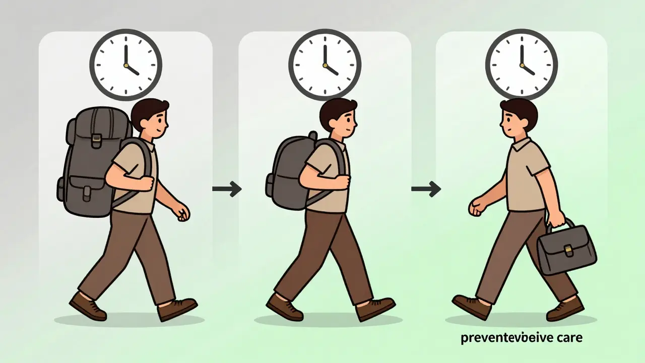 Symbolický průběh terapie: těžký batoh, lehčí batoh a malý sáček s hodinami 50 minut.