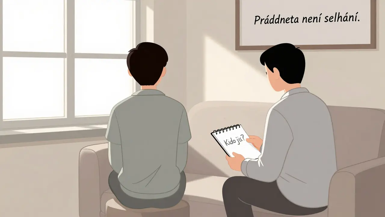 Terapeut a klient sedí vedle sebe, klient se dívá z okna, terapeut drží sešit s otázkou „Kdo jsi?“