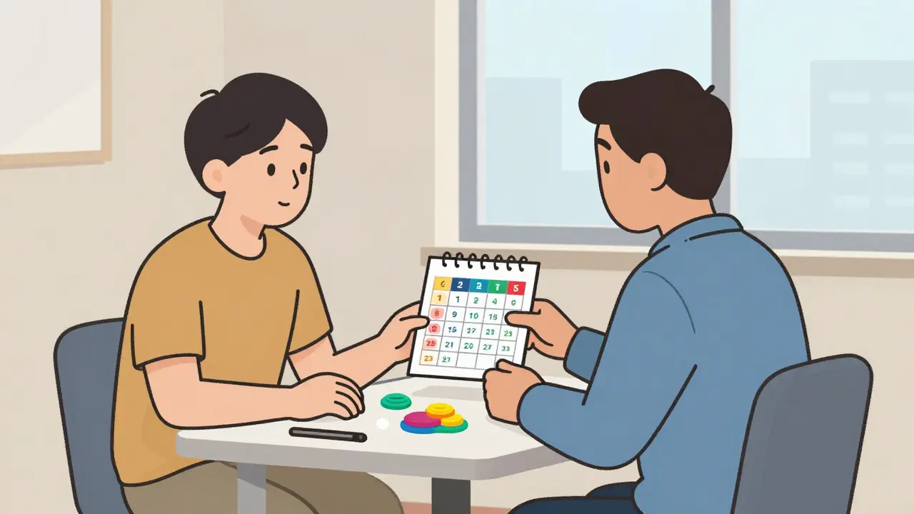 Terapeut a klient spolu používají vizuální kalendář pro plánování týdne.