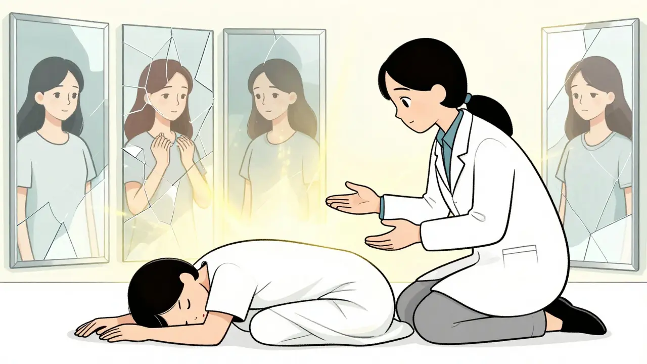 Terapeut naslouchá klientovi, který se postupně uvolňuje, kolem nich se formuje harmonie.