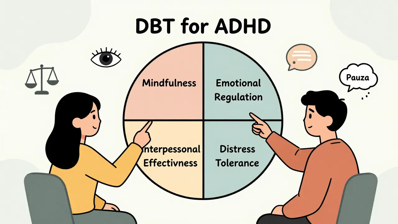 Terapeut ukazuje párům kruhovou schéma DBT pro ADHD se čtyřmi klíčovými prvky a přidruženými ikonami.