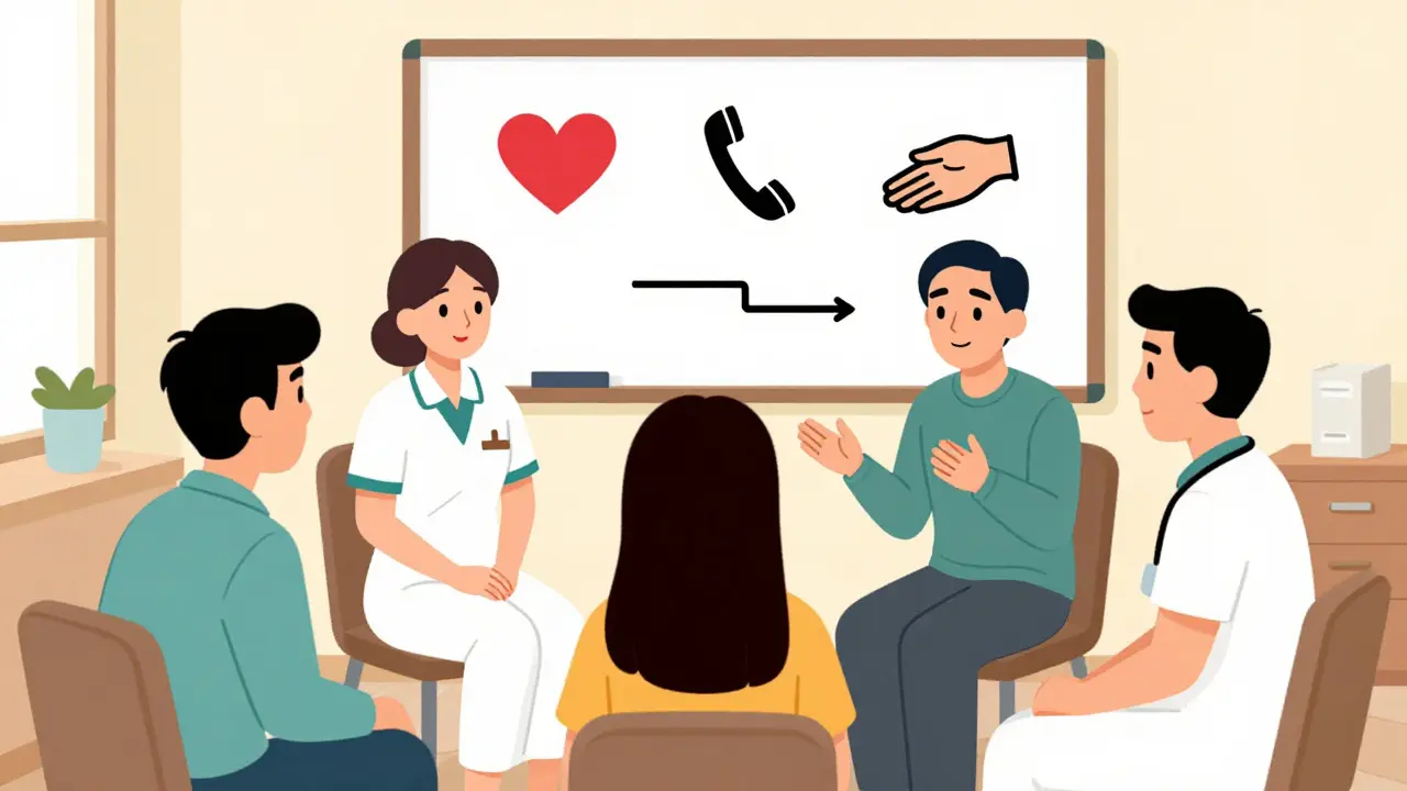 Terapeutický tým v kruhu s pacientem, na tabuli symboly srdce, telefonu a ruky držící druhou ruku.