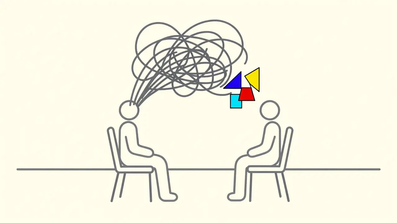 Terapie proměňuje šedé myšlenky v strukturované barevné tvary.