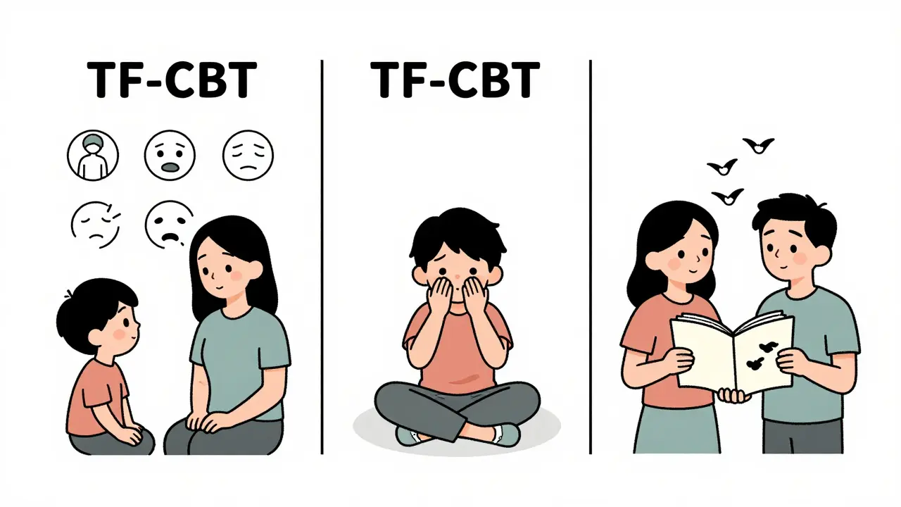 Tři fáze TF-CBT: učení o traumatu, uvolňovací techniky a sdílení příběhu mezi dítětem a pečovatelem.