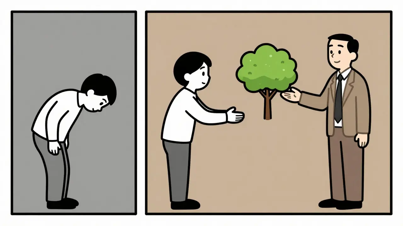 Tři scény ukazují klienta, jak se z izolace přes otevření dostane k růstu díky bezpečnému vztahu.