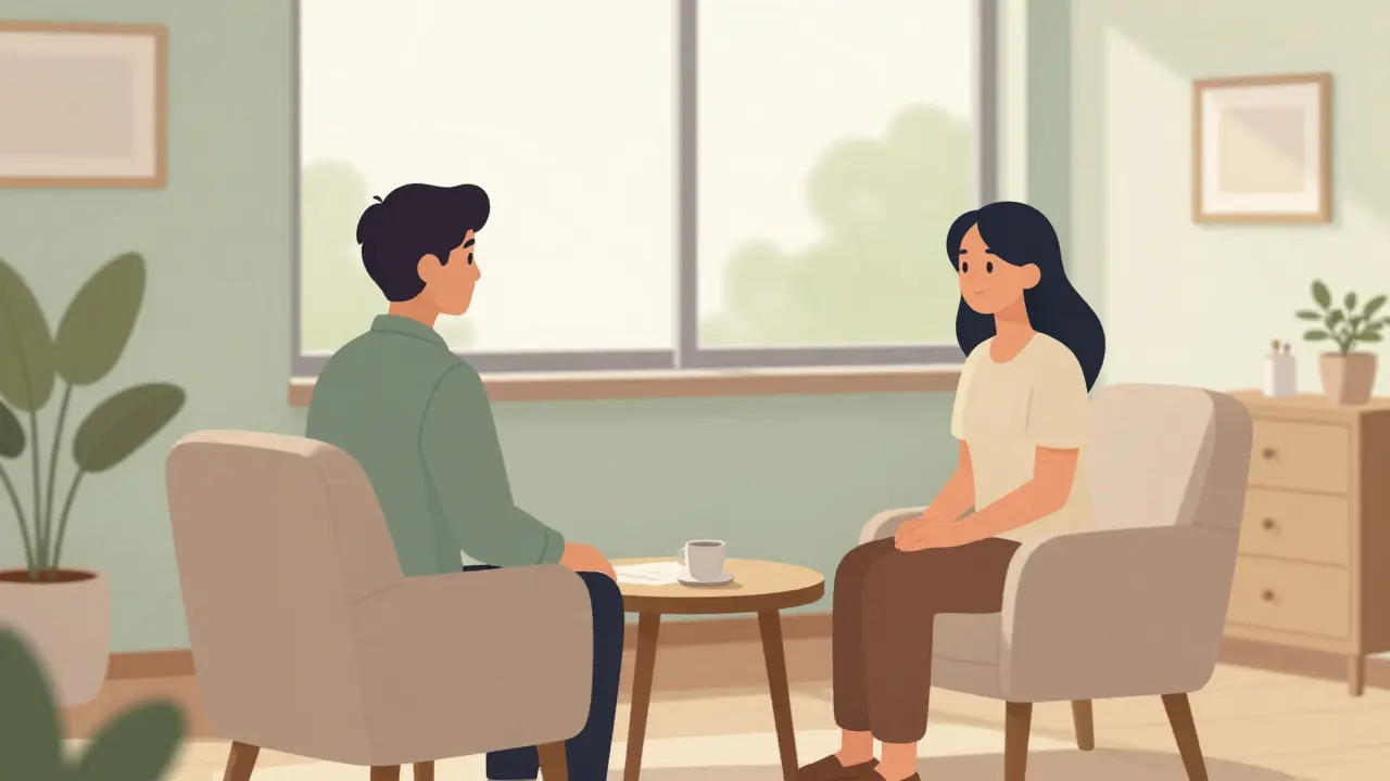 Bezpečné a uklidňující prostředí terapeutické kanceláře během pravidelného sezení.