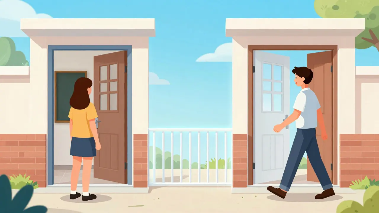 Člověk přechází od pohledu na fotografii dveří k jejich skutečnému vstupu.