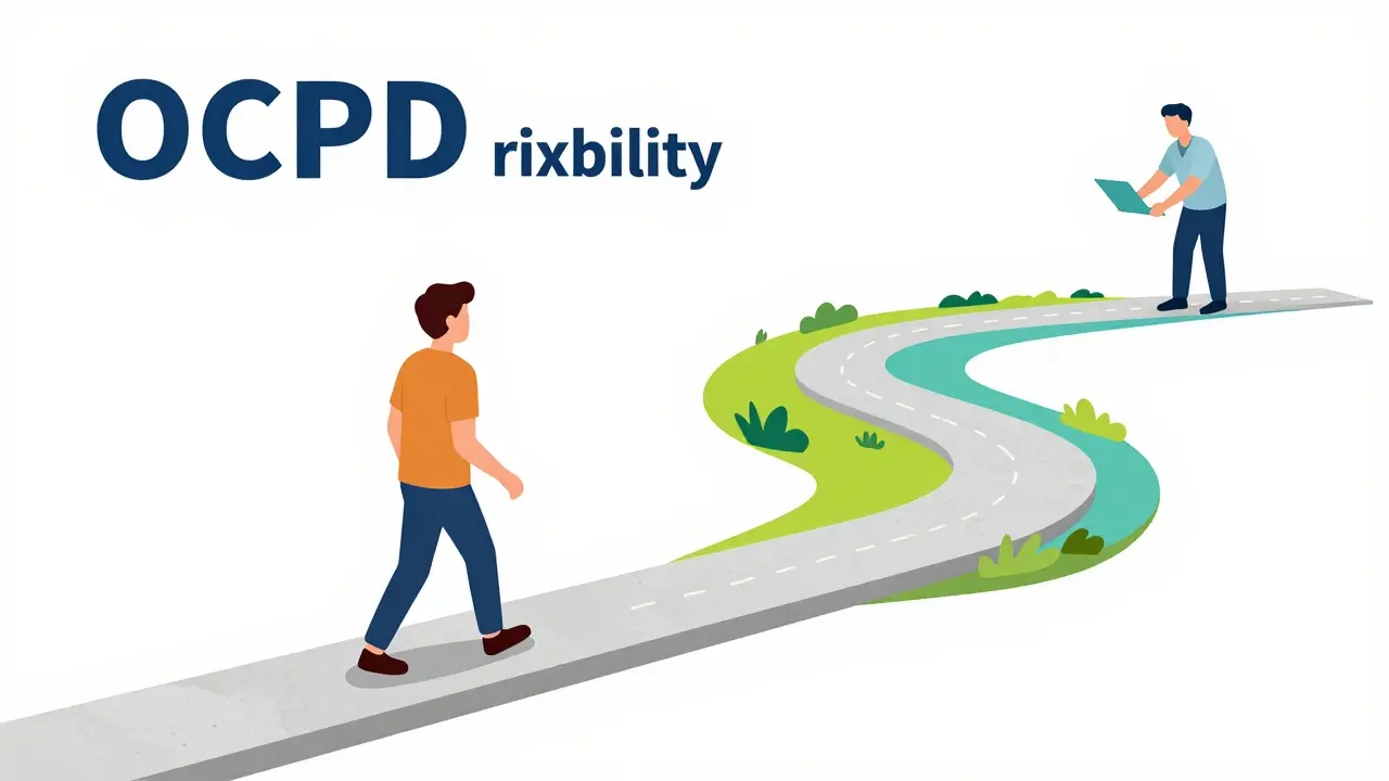 Člověk přechází z rigidní šedé cesty na barečnou a flexibilní stezku za pomoci terapeuta.