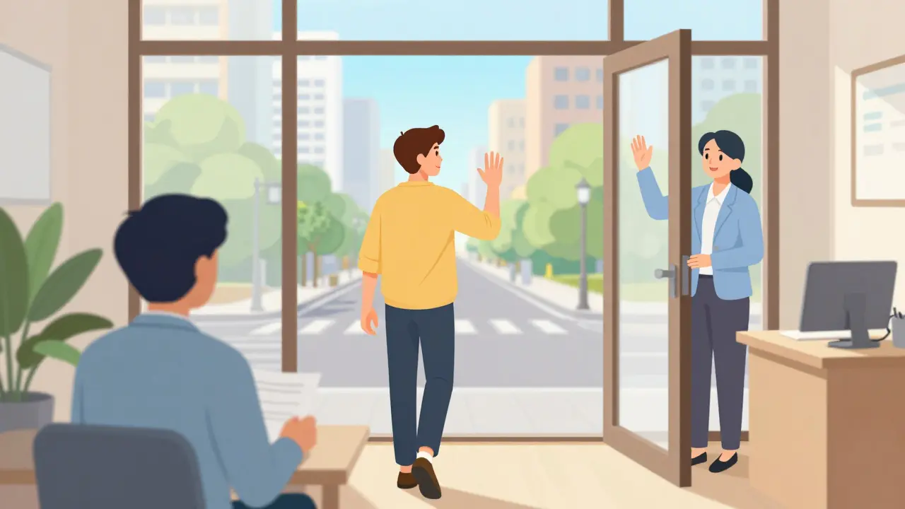 Člověk se s úsměvem loučí s terapeutem a odchází do slunečného města.