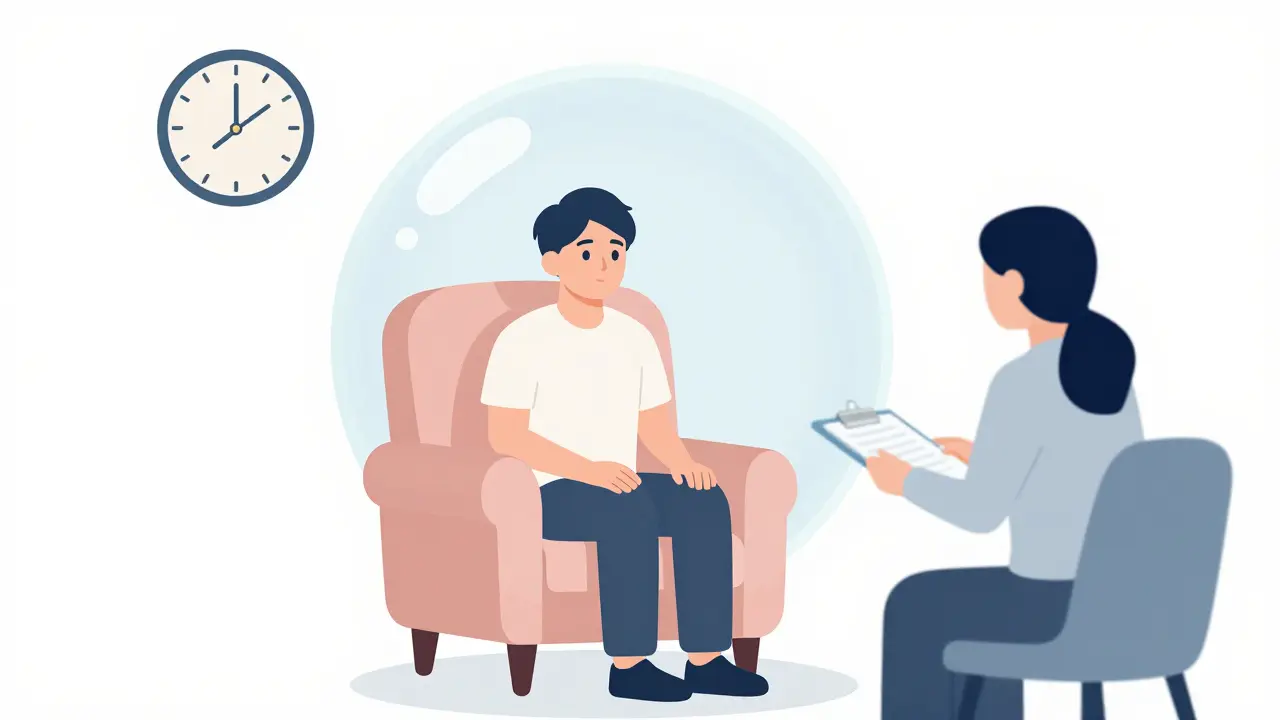 Člověk v bublině v terapeutické místnosti, symbolizující stagnaci a pocit v kruhu.