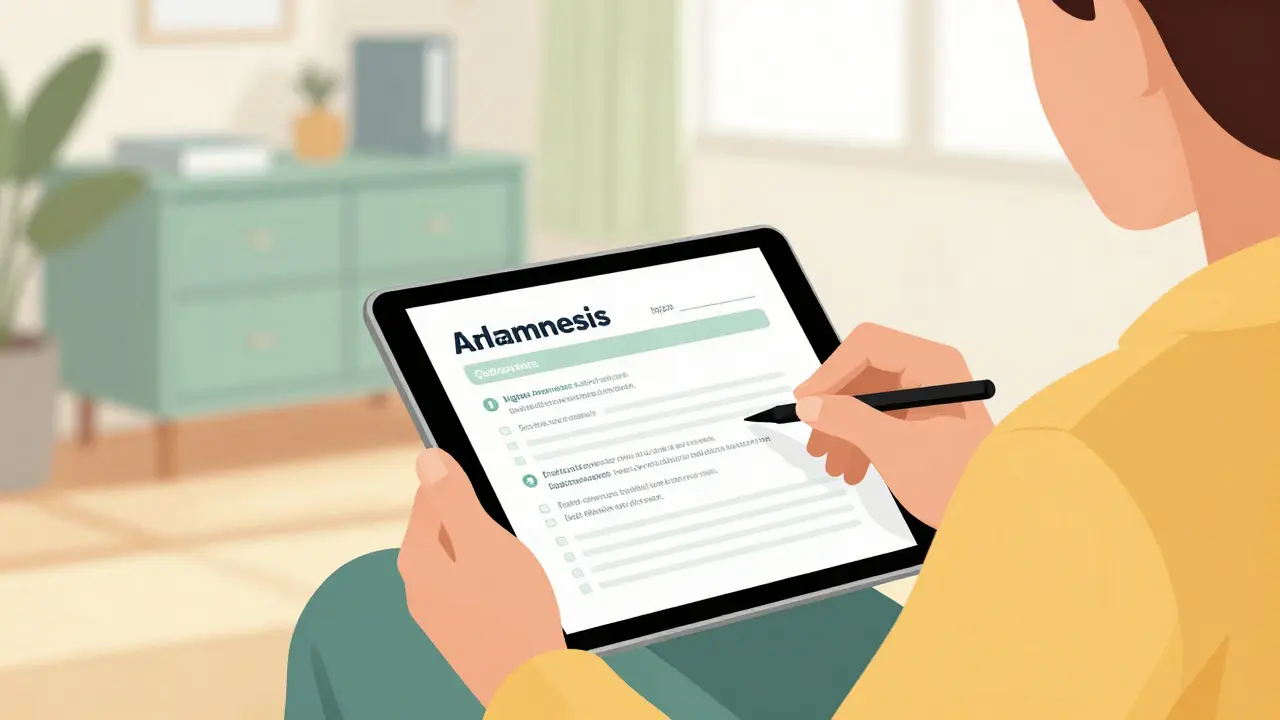 Člověk vyplňuje anamnestický dotazník na tabletu v domácím prostředí.