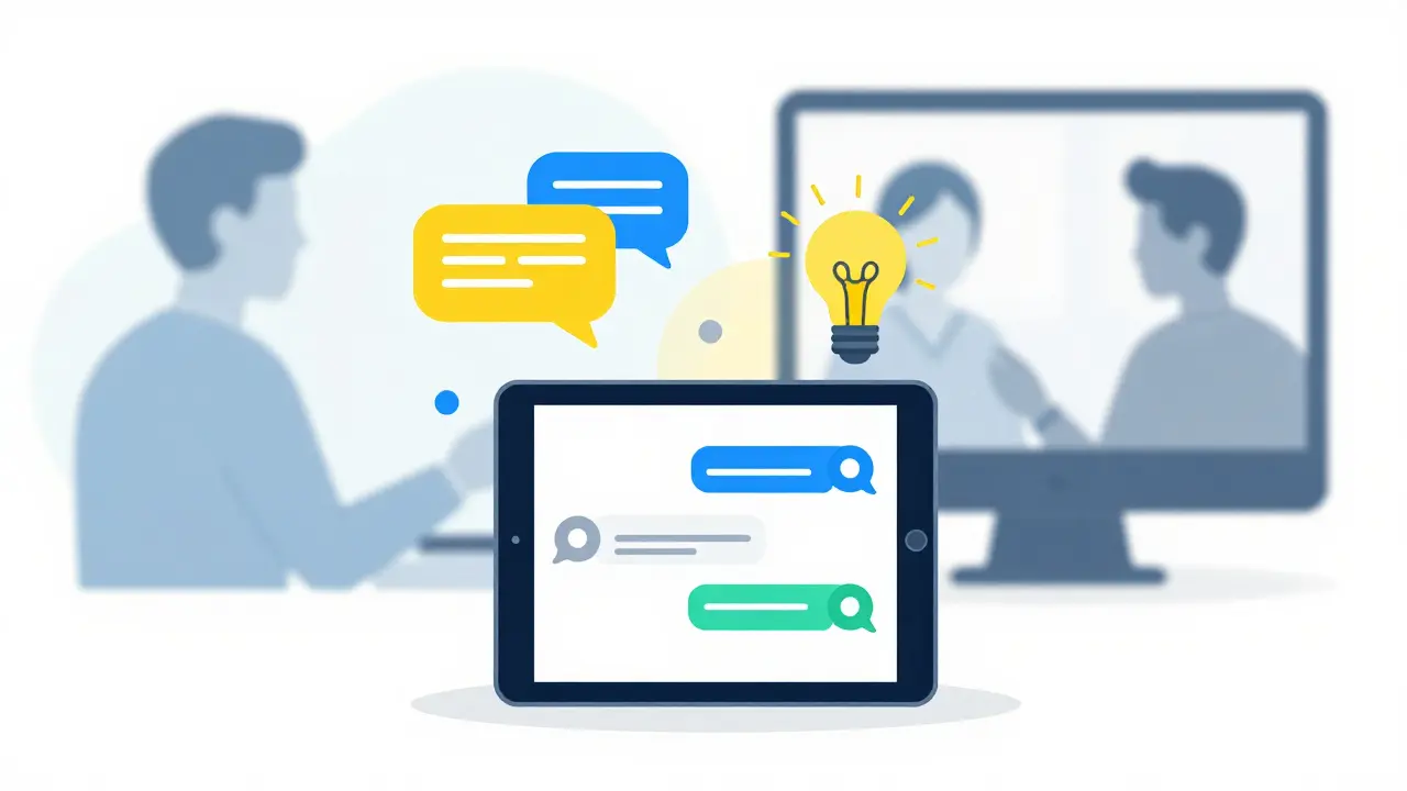 Digitální tablet s textem a naznaceným přechodem na videohovor.