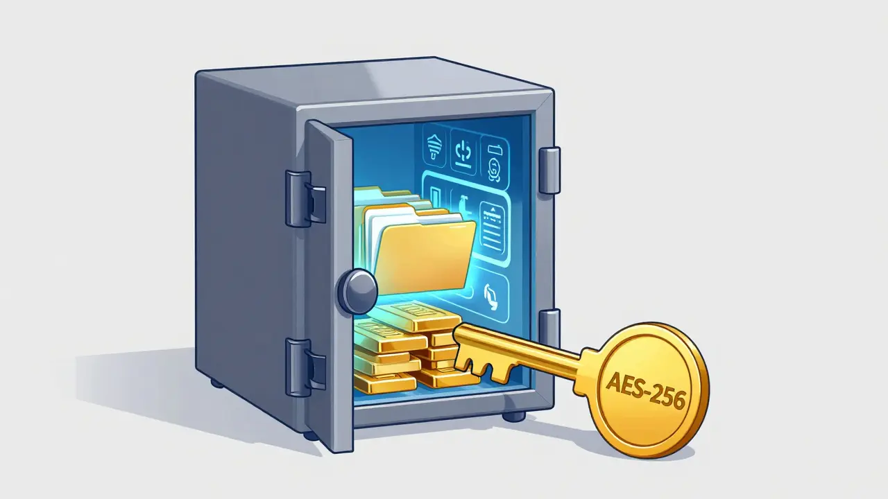 Digitální trezor s šifrovanými daty a zlatým klíčem AES-256.