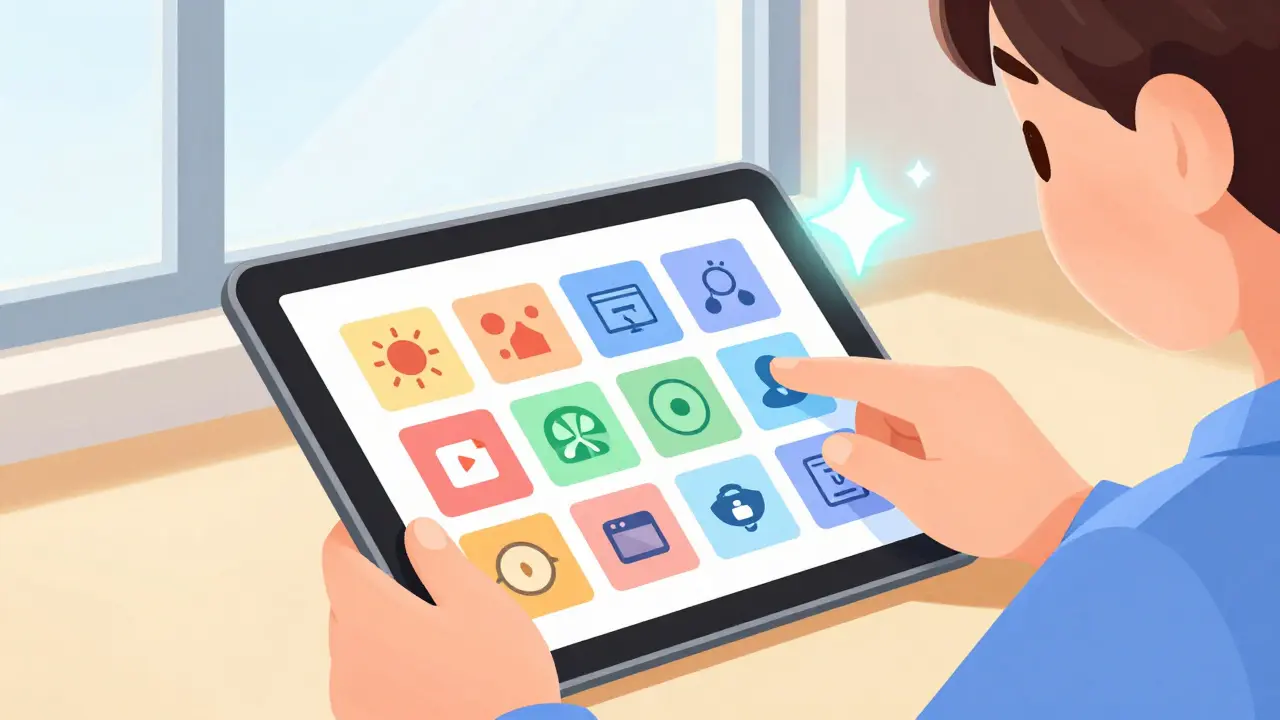 Dítě používá tablet s piktogramy pro komunikaci s pomocí AI.