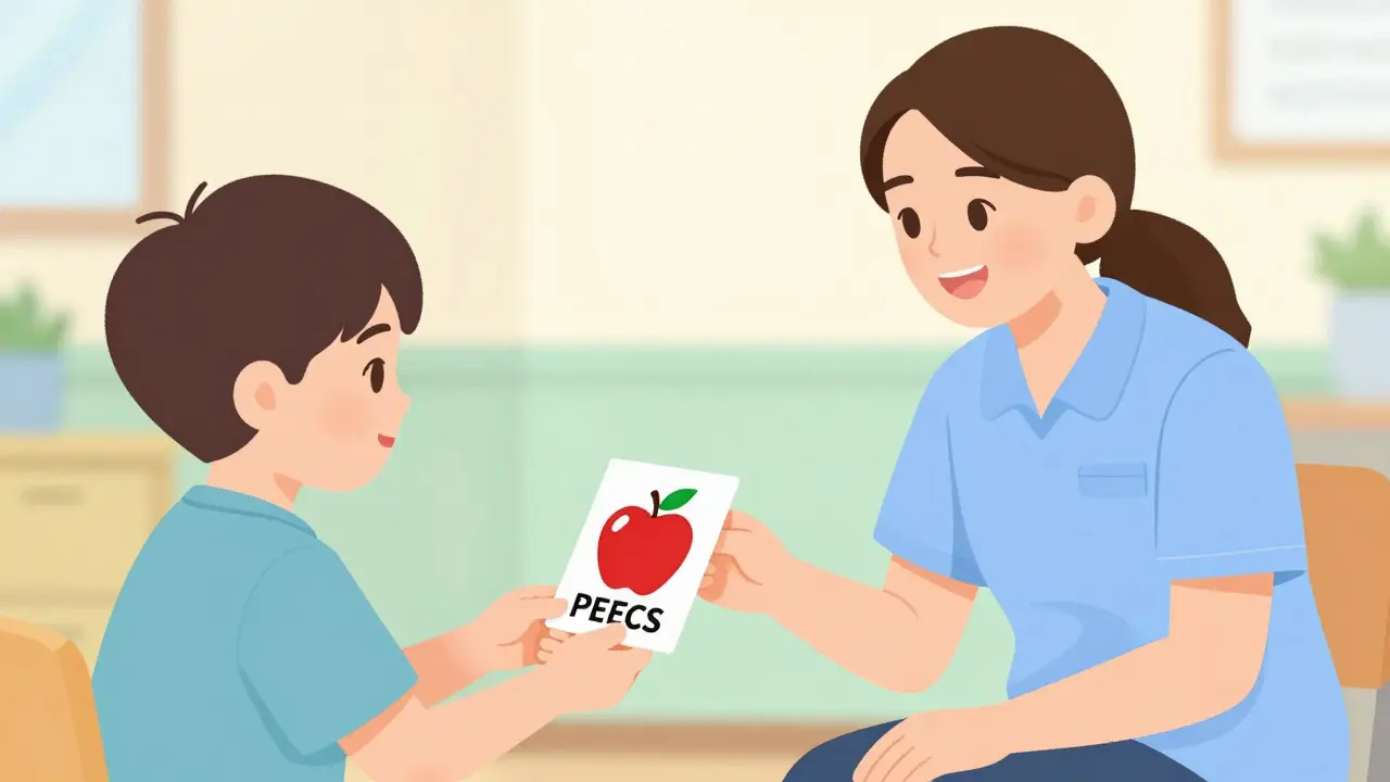 Dítě předává terapeutovi obrázkovou kartu v rámci metody PECS.