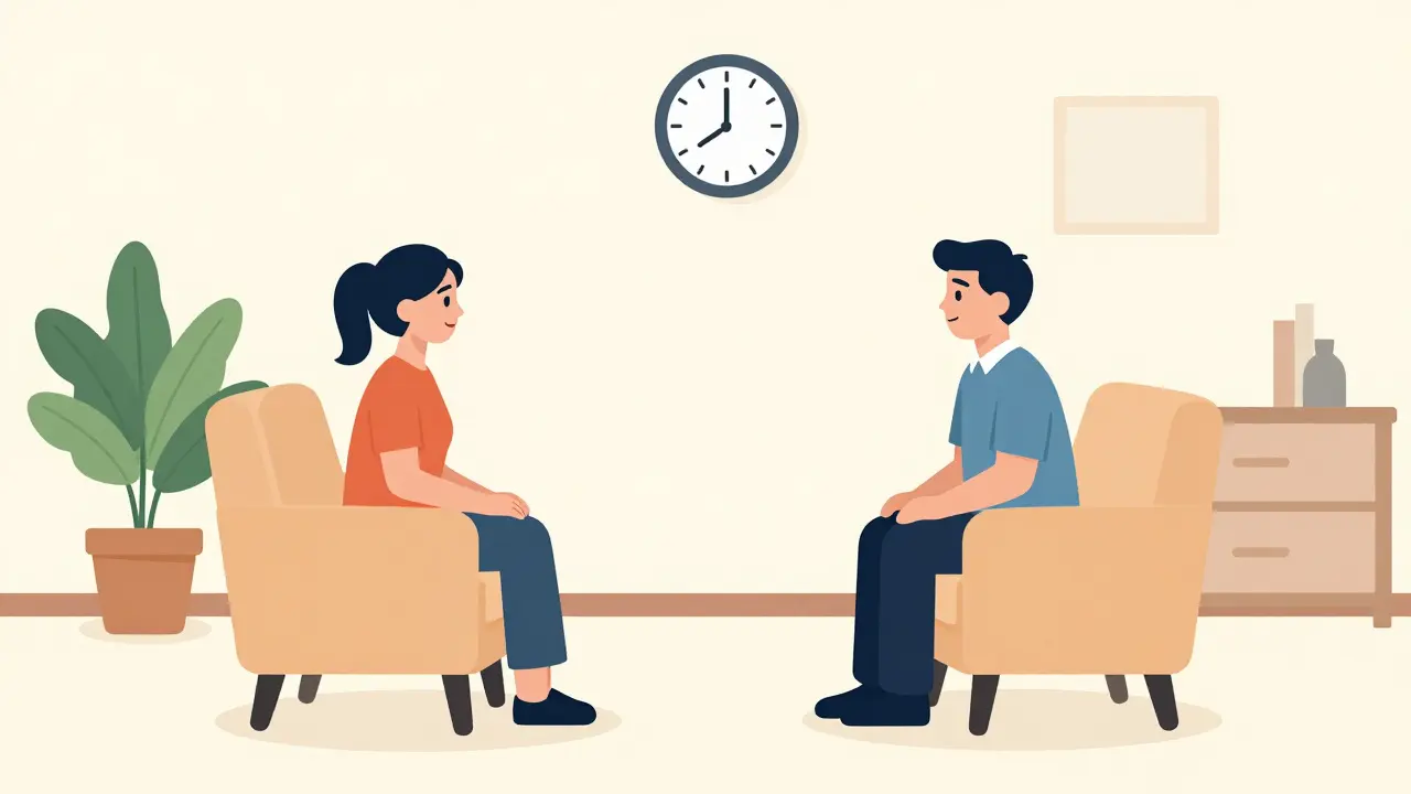 Klient a terapeut sedí v útulné místnosti během prvního sezení.